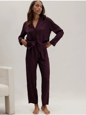 Washable Silk Long Sleeve Pant Set - Striped Jacquard